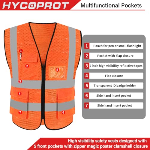 HYCOPROT Sicherheitswesten Warnweste Hohe Sichtbarkeit Reflektierendes Weste Executive Manager Jacke Zip 2 Band Brace (Orange-mesh, S)