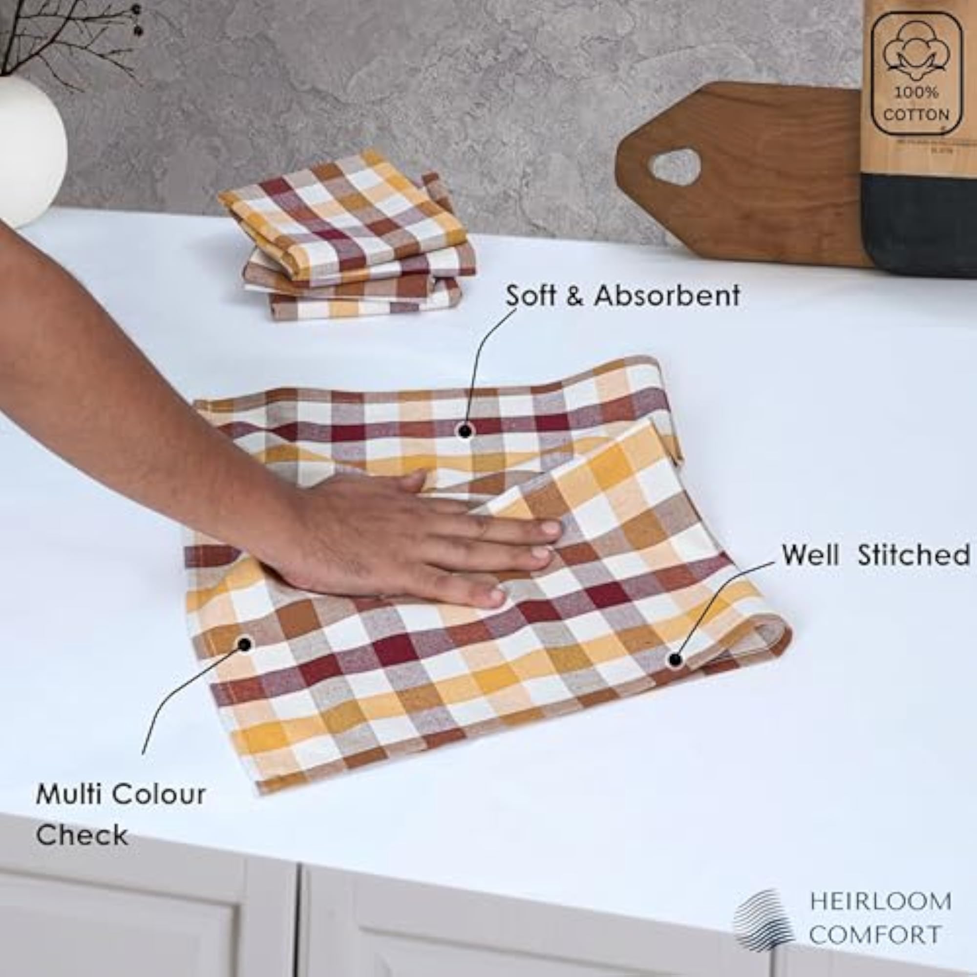 Gingham Check Kitchen Towels, 5 Pack, Super Absorbent Cotton