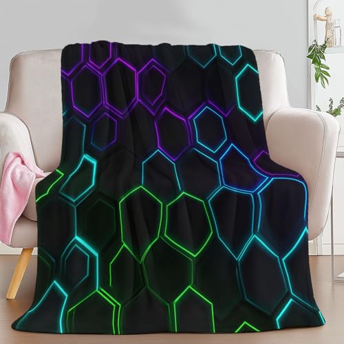 Kuscheldecke Flauschige Decke Neon Sechseck Geometrie Decken 100 x 130 cm, Gemütliche Flanelldecke Abstraktes Design Weiche Warme Kuscheldecken für Couch Zuhause Bett Sofa Stuhl