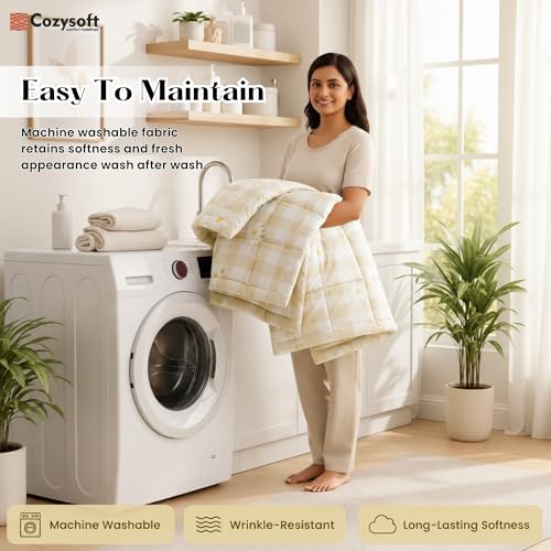 Image of Cozysoft Reversible AC Comforter Set| 220 GSM, Daisy Petal Check Double Bed | Lightweight Ultra Soft Microfiber Comforter| Quilt /Blanket /Duvets for All Weather