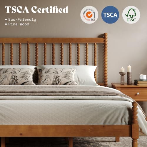 Image of AMERLIFE King Solid Wood Bed with Bobbin Spindle Headboard, Brown