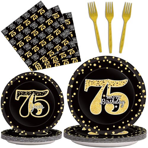 ZOiiWA 200 Pcs 75th Birthday Party Supplies Tableware Plates Cheers 75 Years Table Decorations Dinnerware Happy Party Favor Men Woman Seventy-five Years 50 Guests