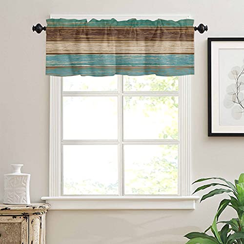 Homechoid Teal Turquoise Curtain Valance For Windows/Living Room/Kitchen/Bathroom/Farmhouse, Rustic Wood Board Green Brown Short Rod Pocket Tier Curtain Window Treatment, 1 Panel 54X18 #TOP2