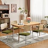 SoarFlash Sillas de Comedor Mid-Century Modernas, Respaldo de Rattan Tresse a Mano, Estructura Cantilever en Acero Cromado, Asiento Moelleux en Terciopelo, Set de 6, Verde