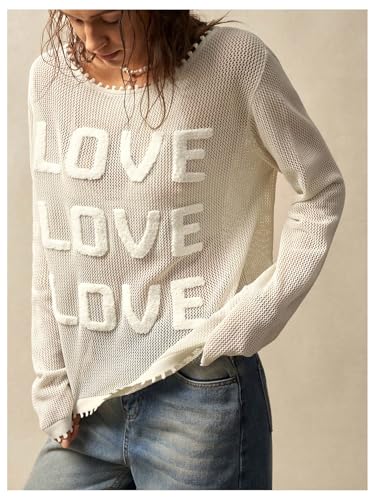 Verdusa Women's Oversized Sweater Crochet Sweaters Letter Embroidery Long Sleeve Hollow Out Knit Tops3