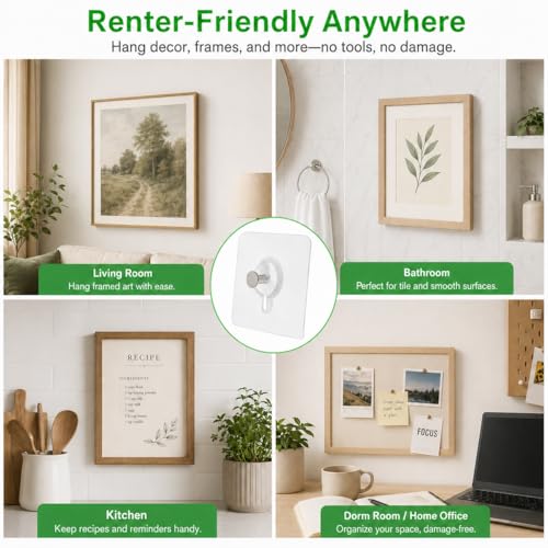 Image of 15Pcs Picture Hangers Without Nails, Heavy Duty Adhesive Wall Hooks 33 lbs, No Drill Damage-Free Hanging Strips for Picture Frames, Photos & Canvas, Bathroom, Kitchen, Apartment,Transparent