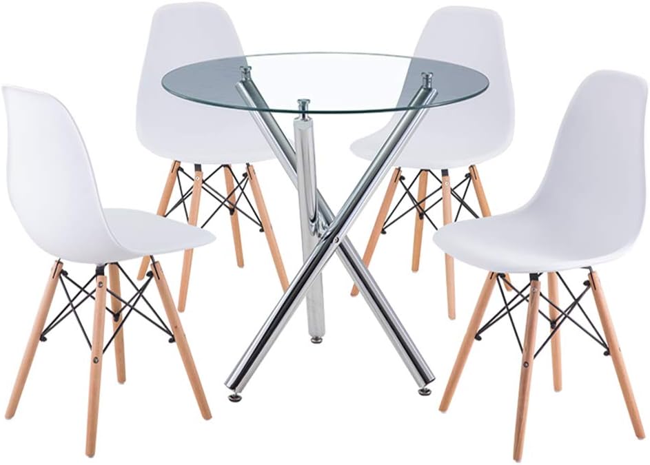 Volitation Round Glass Dining Table and Chairs Set of 4 Retro Style Round Table Set White Dining Chairs for Dining Room Kitchen Lounge Furniture (round table+4 cahir)