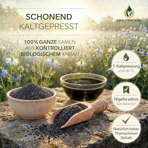 Kräuterland Schwarzkümmelöl Bio 500ml, kaltgepresst & ungefiltert, hoher Thymochinon‑Anteil, ägyptische Samen, mühlenfrisch, 1. Pressung, 100 % Nigella sativa, naturrein, lichtgeschützten Glas