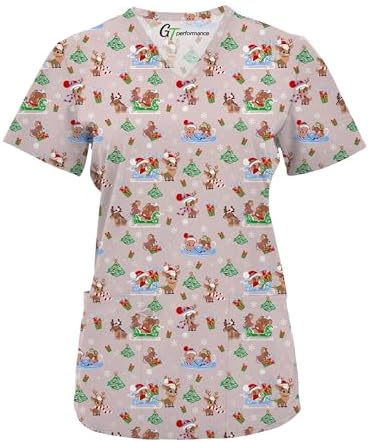 Green Town Scrubs for Women V-Neck Scrub Top - Christmas Thanksgi...