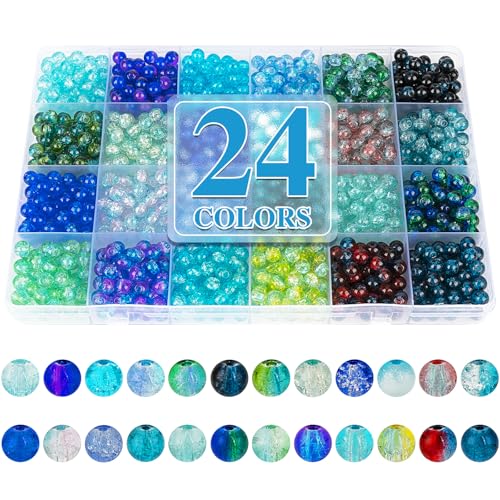 Image of XSEINO About 1200pcs 6mm Crack Glass Beads Bracelet Making Kit,24 Assorted Crackle Oceanic Blue Series Colorful Crystal Beads for Bracelet,Jewelry Making,DIY Crafts,Friendship Bracelets