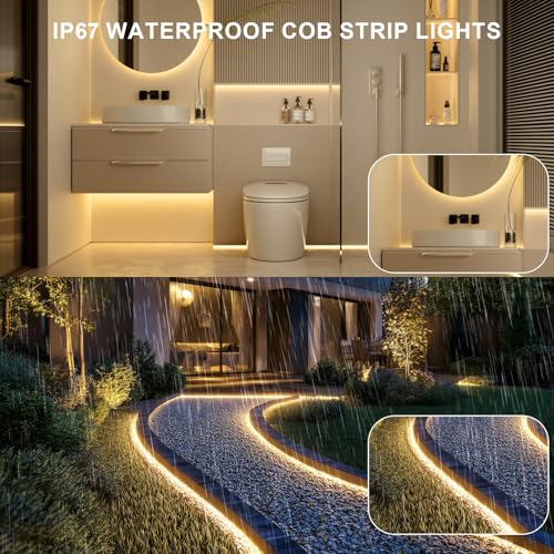Image of 20ft COB Outdoor LED Strip IP67 Waterproof, 6500K Cold Whit DC24V Flexible LED Rope Strips with Remote & App Control Dimmable, DIY Lighting for Indoor, Outdoor, Bedroom, Garden, Patio