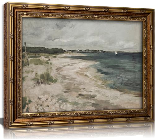 Vintage Gold Framed Coastal Canvas Wall Art Seaside Town Ocean Landscape Painting Picture Retro Seascape Aesthetics Poster Prints Artwork for Living Room Bedroom Bathroom Wall Decor