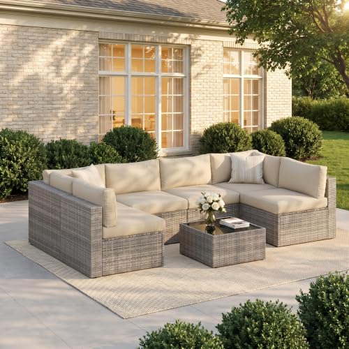 Image of Wisteria Lane 7 Pieces Outdoor Patio Furniture Set, Wicker Outdoor Patio Sectional Sofas with Coffee Table, All-Weather Patio Conversation Set for Garden Backyard, Beige