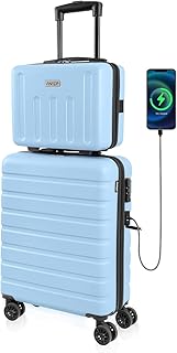 Juego de 2 Maletas, Maletas de Viaje Cabina, Maletas de Mano con Puerto USB Cerradura TSA y 4 Ruedas, Equipaje Ligero para Llevar con Usted (Azul Claro)