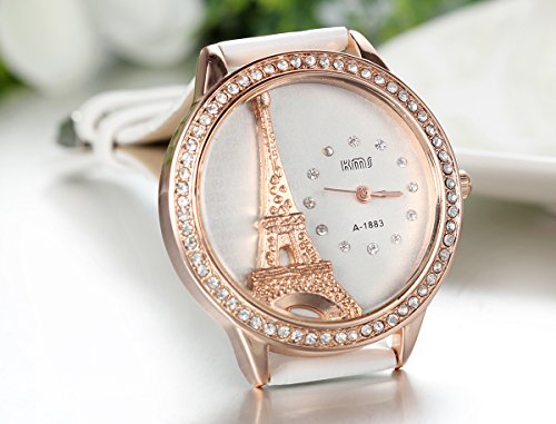 Jewelrywe Bling Rhinestone Accented Eiffel Tower White Leather Watch Ladies Women Watches #TOP2