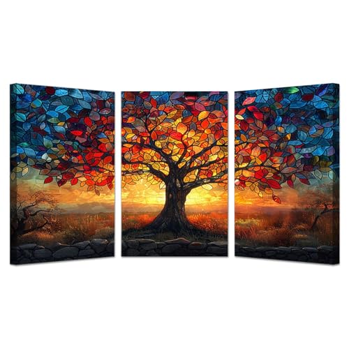 Tableau Arbre de Vie paysage abstrait triptyque rouge bleu JOSUE