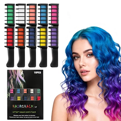 10 Color Hair Chalk Comb, Festive Fun Hair Chalk Combs, Temporary Bright Hair Color Cream for Girls Kids Women, Washable Temporary Hair Dye Marker for Christmas Birthday Party, Cosplay (10pcs)