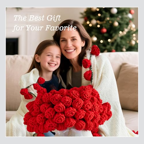 Image of Flower Bouquet Blanket, Birthday Gifts for Mom Teacher Women Grandkids Wife Girlfriend Her, Crochet Flower Blanket, Soft Knitted Throw Blankets for Teacher Appreciation Housewarming Gifts (Red Roses)