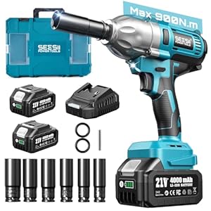 Seesii Impact Wrench 665 FT-LBS(900N.m) 3300IPM 1/2 Impact Gun High Torque Electric Cordless Impact Wrench with 21V 2×4.0Ah Battery 6 Sockets and Case for Home Car Truck Tire Lug Nut Removal Tool Set