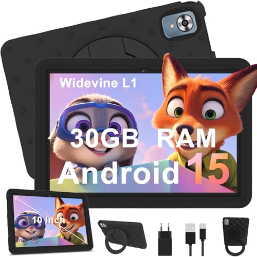 DMOAO Tablet para Niños 10 Pulgadas Android 15 con 30 GB RAM, 5G WiFi 6, Control Parental, 8-Core, 8MP + 5MP, 6000 mAh, Tablet Infantil con Funda Protectora EVA + Soporte 360° Giratorio, Negro