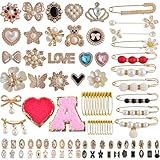 Charms for Socks Safety Pin Brooch,55pcs Junk Sock Charms Pins Gold Bling Sock Jewelry Charms,Brooch Pins for Socks,Pearl Rhinestone Brooch Pins Costom Shoe Sock Charms Kit Bulk for Hat Clothes