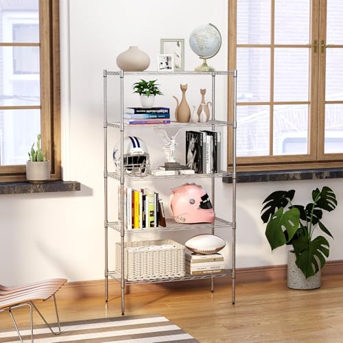 Image of BestOffice | 5-Tier Wire Storage Shelves with Wheels | 14 x 30 x 61 | Chrome | with Adjustable Racks | Heavy-Duty Metal Shelf, Holds Upto 1250 lbs | No-Tool Assembly | Ideal for Home & Garage Shelving