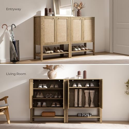 Image of SICOTAS Shoe Storage Cabinet for Entryway - 5 Tier Rattan Entry Shoe Organizer Cabinet with Shelves & Doors, 2 Pieces Farmhouse Boho Shoe Rack for Hallway, Living Room, Closet (Carbon Cherry)