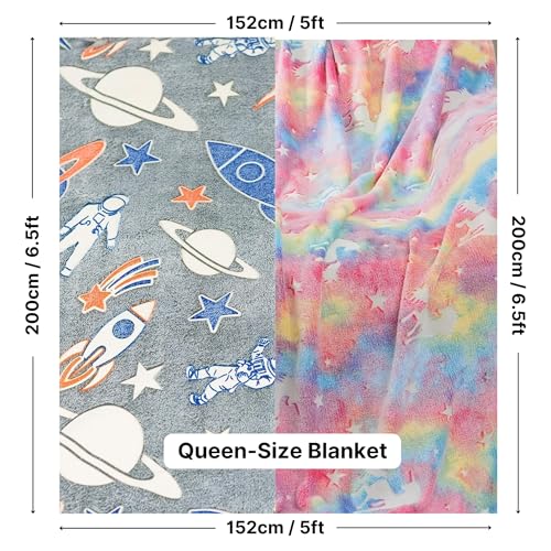 Image of Famyo Glow in the Dark Flannel Fleece Blanket Combo 200x152 cm | Rocket & Unicorn Pink, soft all-season double /queen bed blanket, warm cozy throw for kids & home