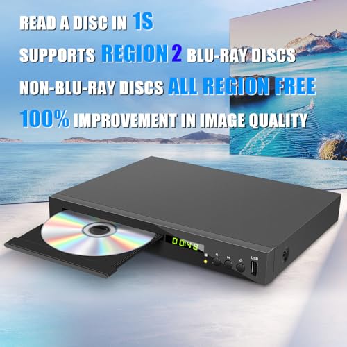 HD Blu-ray Player, Kompakter Blu-ray Disc Player HD 1080P DVD Player für TV mit HDMI-Ausgang, AV-Ausgang, Koaxialausgang, USB-Eingang, Spielt Blu-Ray Discs der Region B/2 und Multiregionale DVD-Discs