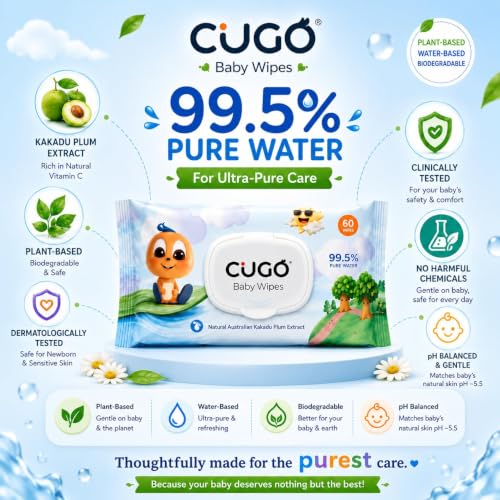 Image of Baby Wipes, Gentle on Sensitive Skin, Plant-Based Fabric, 99.5% Water-Based, Natural Australian Kakadu Plum Infused, Dermatologically Tested, Newborn Safe, Biodegradable | Pack of 8