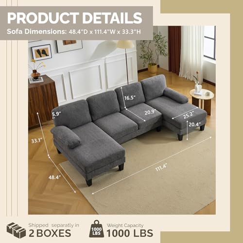 VINGLI 110' U-Shaped Sectional Couch with Two Chaise, Affordable Small Sofa with 4 Seats, Chenille Fabric Comfy Couches for Living Room, Dark Grey - Image 3