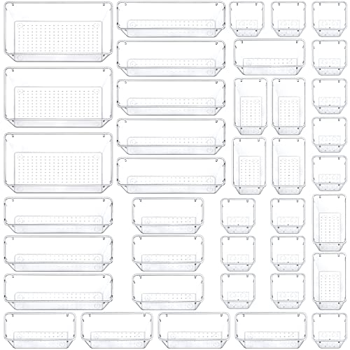 Quefe 39 Pcs Clear Drawer Organizer Set, 4-Size Plastic Drawer Organizers Trays Bathroom Organizers Dresser Storage Bins Separation Box For Makeup, Jewelries, Gadgets, Bathroom, Office, Bedroom. #TOP28