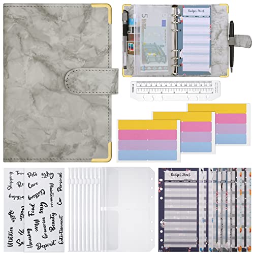 Hejo Carpeta de Cuaderno 6 Anillas , 30pcs Cuero PU Archivador Dinero con Sobres Transparentes, Carpeta de Presupuesto, Regla, Etiquetas Adhesivas Letras, Organizadora de Dinero para Finanza Cover