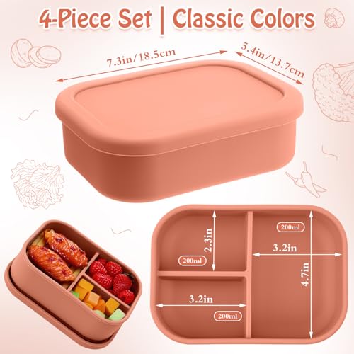 Image of Honeydak 4 Pcs Silicone Bento Box, 3 Compartment Lunch Food Container for Women Men, Leak Proof Microwave Easy to Clean Dishwasher Freezer Safe (Orange)