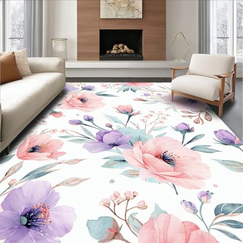 ODIKA Flatwoven High Traffic Area Rug 8x10, Pastel Paradise Watercolor Floral Print, Non Slip, Stain Resistant, Washable Area Rugs for Living Room, Bedroom (Pink, 8x10)
