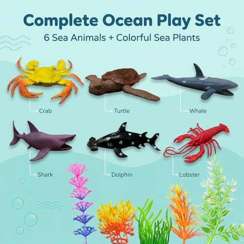 Image of ZESTHOME Aquatic Sea Animals & Fish Toys for Kids | Big Rubber Ocean Creatures Playset - Crab, Turtle, Whale, Shark, Lobster & Dolphin with Sea Grasses - BPA-Free, Non-Toxic | 6 piece