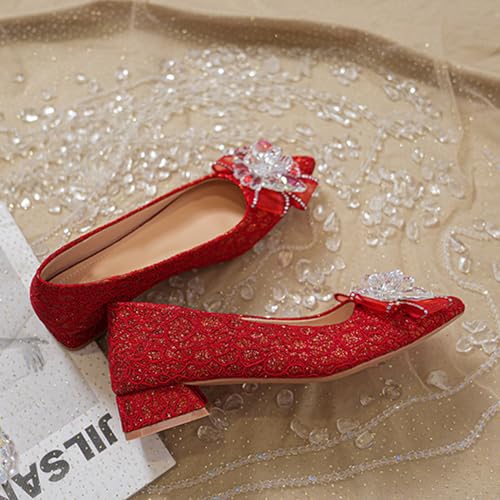 Women's Pointed Toe Rhinestone Bow Silk Low Heel Pumps Luxurious Crystal Comfortable Block Heel Slip-On Wedding Formal Work Shoes3