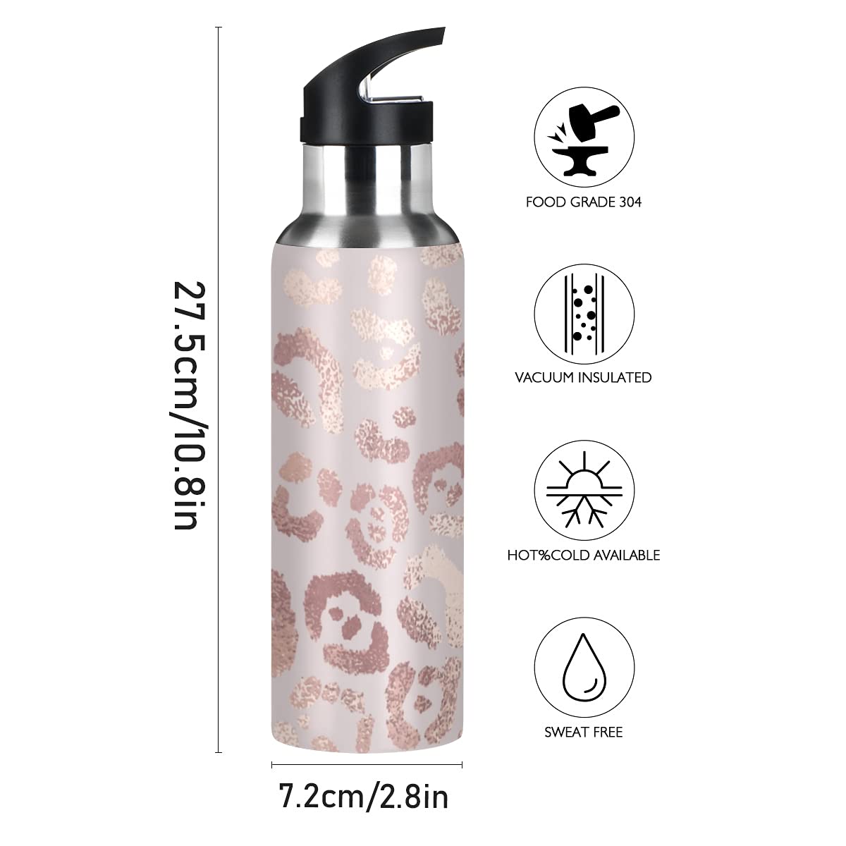 Xigua Borraccia Termica In Acciaio Inox 304 600ml - Con Coperchio A Cannuccia, 27,5x7,2cm, Per Sport E Viaggi - 3