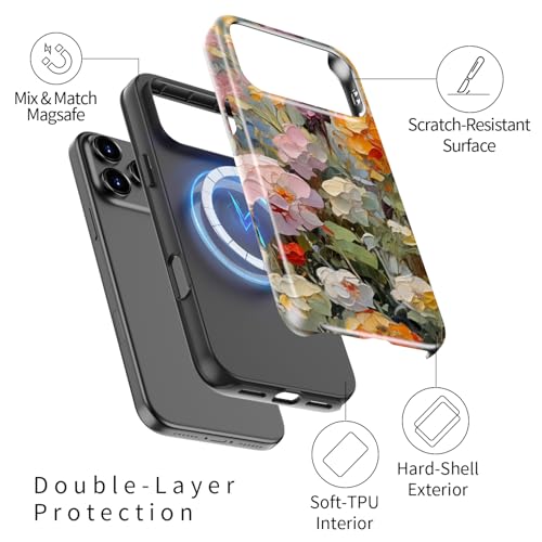 Image of Goodon for iPhone 17 Pro Case Cute - Wireless Charging Compatible - Dual-Layer Hard Shell + Silicone Cover - Protective Phone Case with Trendy Designs for Women - Oil Painting Flowers