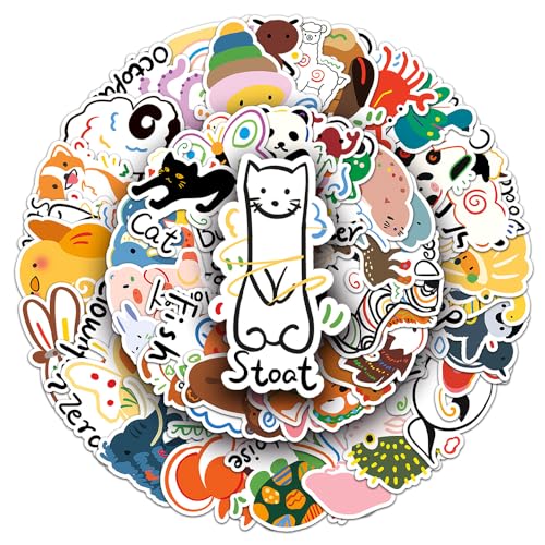 Cute Animals Vinyl Stickers, 50 PCS Waterproof Illustrated Animal Decals for Laptops Scrapbooking, Journals, Notebooks