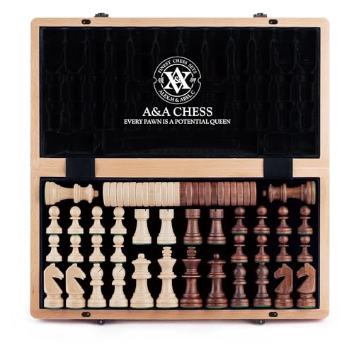 A&A Juego de ajedrez Plegable de Madera de 15 Pulgadas con 3 Pulgadas King Height Staunton Chess...
