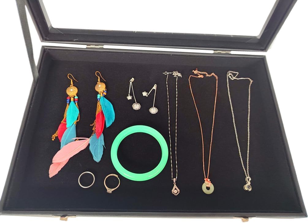 Wooden Jewelry Organizer Tray Box with Clear Lid, Travel Rectangle Organization Storage Box with Metal Clasp, Velvet Blank Jewelry Display Case for Necklaces Bracelets Rings Accessories (Black)