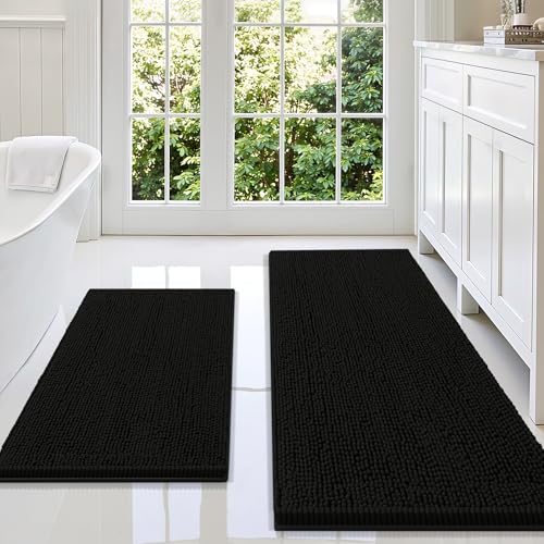 Image of Smiry Bathroom Rugs Sets 2 Piece, Soft Absorbent Chenille Machine Washable Non Slip Shaggy Bath Rug Set for Tub, Shower, and Floor (59x20+30x20, Black)