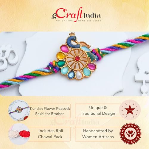 Image of eCraftIndia Kundan Flower Peacock Rakhi for Brother Bhaiya Bhai with Best Bro Ever Fridge Magnet | Roli Chawal Pack
