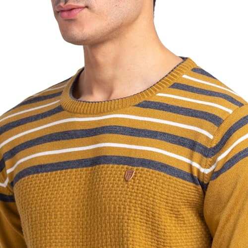 Image of Raymond Men's Regular Fit Acrylic Wool Blend Round Neck Stripe Pattern Full Sleeve Sweater