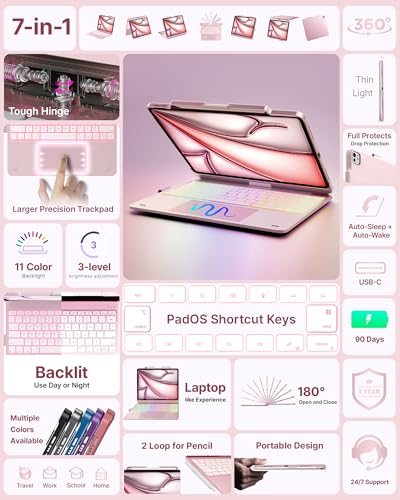 Image of typecase Keyboard Case for iPad Air 13-inch(M4 /M3 /M2, 2026 /2025 /2024), 360 Rotatable, Multi-Touch Trackpad, 11-Color Backlit Wireless Protective Case with Pencil Holder, Auto Sleep /Wake, Light Pink