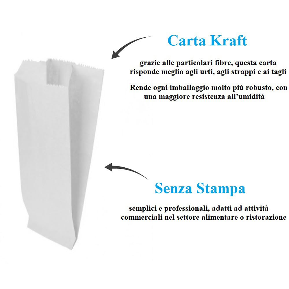 Palucart 1000 Sacchetti di Carta per Alimenti colore Bianco, misura 17x34 cm, Buste in carta Kraft per Trasporto di Cibi e Oggetti - M
