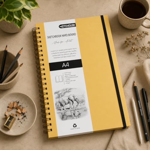 Image of Notehouse A4 Sketchbook Hard Bound Made for Artist 140 GSM Art Notebook (30x21 cm) | 80 White Unruled Pages | Thick Smooth Drawing Paper | Yellow Hard Cover