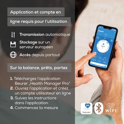 Beurer BF 990 Pèse-personne numérique avec capteurs manuels, connexion à une application via WIFI/Bluetooth, 25 valeurs mesurées, mesure croisée avec 8 électrodes, transfert vers Apple Health & co