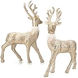 SANNO Reindeer Decorations Christmas Deer Decor Set of 2 Holiday Reindeer Figurines Standing Champagne Glitter Champagne Festive Ornaments for Tabletop Kitchen Mantle Shelf Desk Office Winter Decor